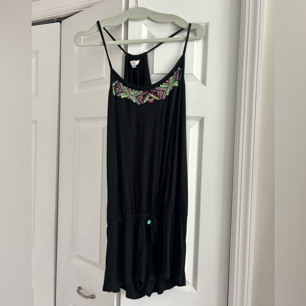 Ella Moss Black Romper with Multicolor Embroidery